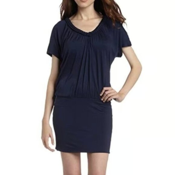 ELLA MOSS ANTHROPOLOGIE Odela Braid V-Neck Dress Navy Blue Blouson Mini Dress S - Picture 1 of 8